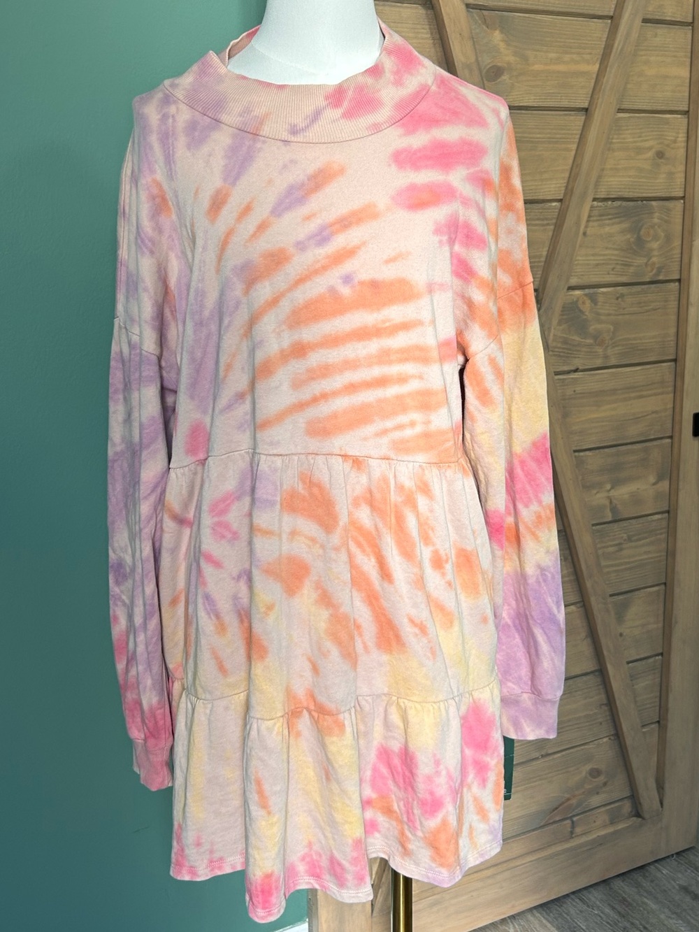 Tie-Dye Tiered Long-Sleeve Dress - Pink, Orange, Purple